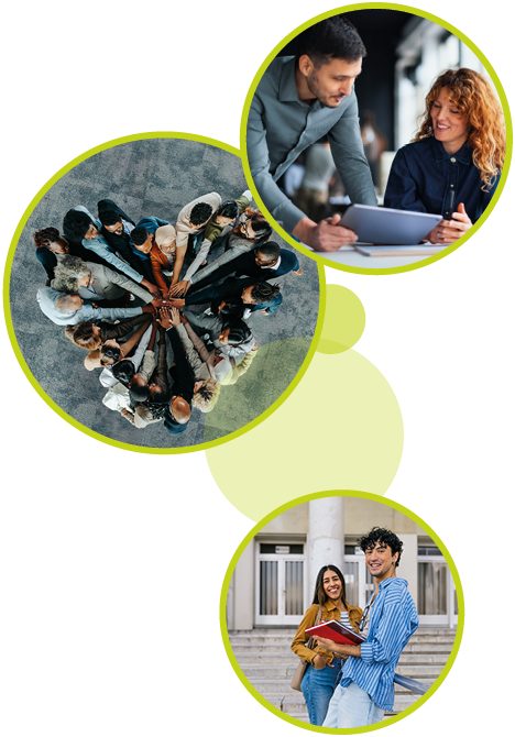 Die Kombination aus Teamarbeit, Beratung und jungen Menschen symbolisiert verschiedene M&ouml;glichkeiten zur F&ouml;rderung von Weiterbildung und beruflicher Qualifizierung.